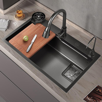 Büyük Tek Yuva Çok Fonksiyonlu Lavabo Çizik Karşıtı LED Dijital Ekran Paslanmaz Çelik Şelale Mutfak Lavabo Cup Wa ile